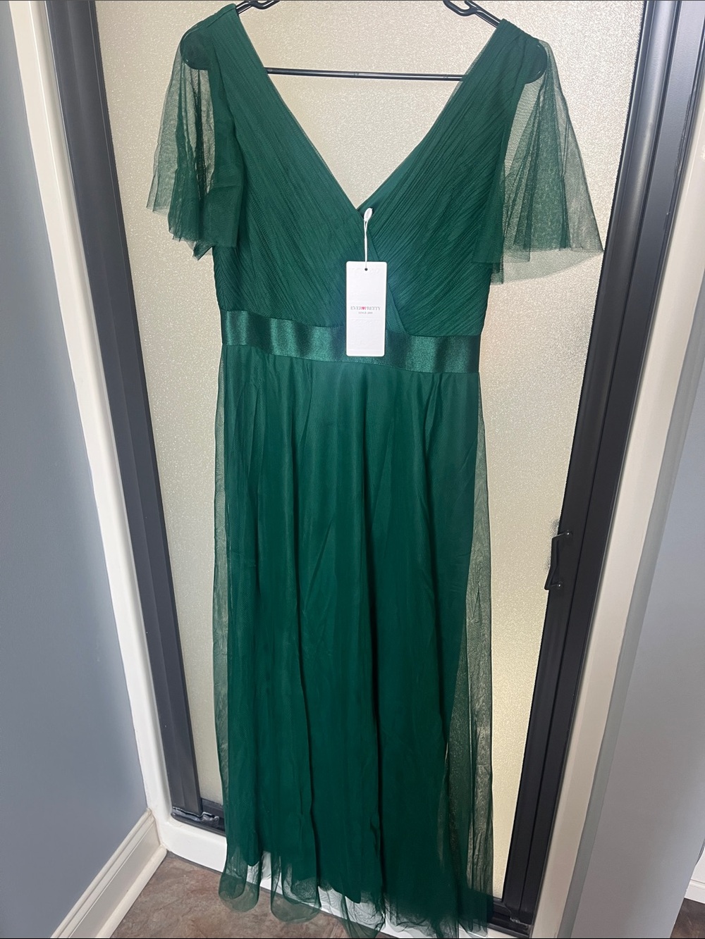 Ever Pretty Emerald Green V-Neck Maxi Dress with Sheer Flutter Sleeves